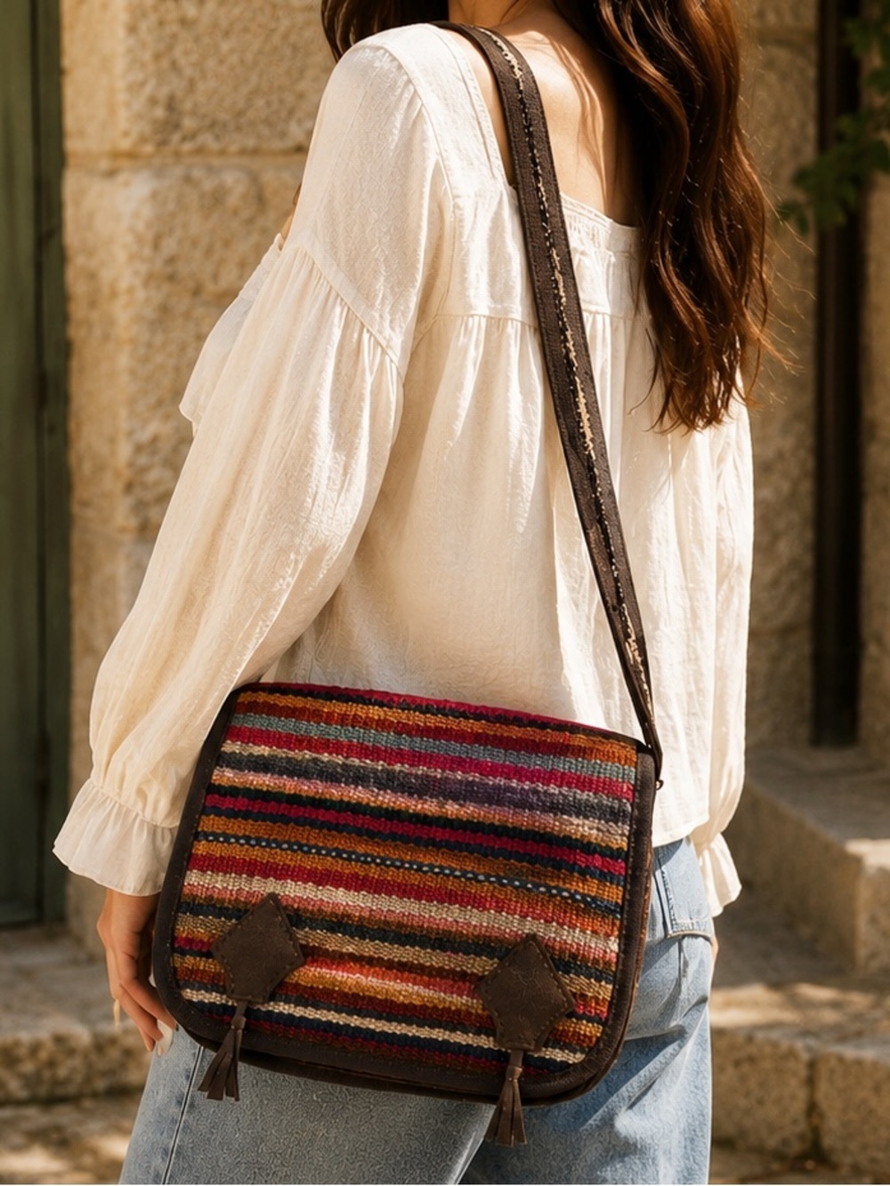 Handmade Boho Crossbody Bag Woven Stripe Shoulder Purse Ethnic Artisan - Picture 1 of 12